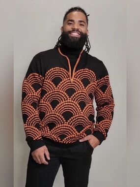 D'IYANU Men's African Print Quarter Zip Knit Sweater Black Orange L NWT